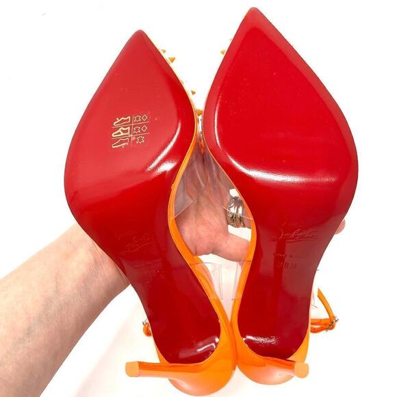 CHRISTIAN LOUBOUTIN ORANGE SPIKOO NEON FLUO PERLE PVC HEELS SIZE 38.5 RED SOLE - Picture 8 of 13